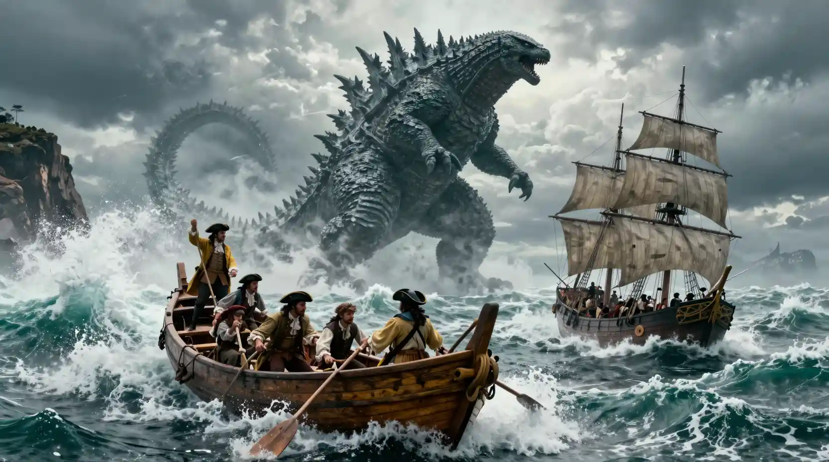 Des marins affrontent une mer déchaînée face à un monstre gigantesque
