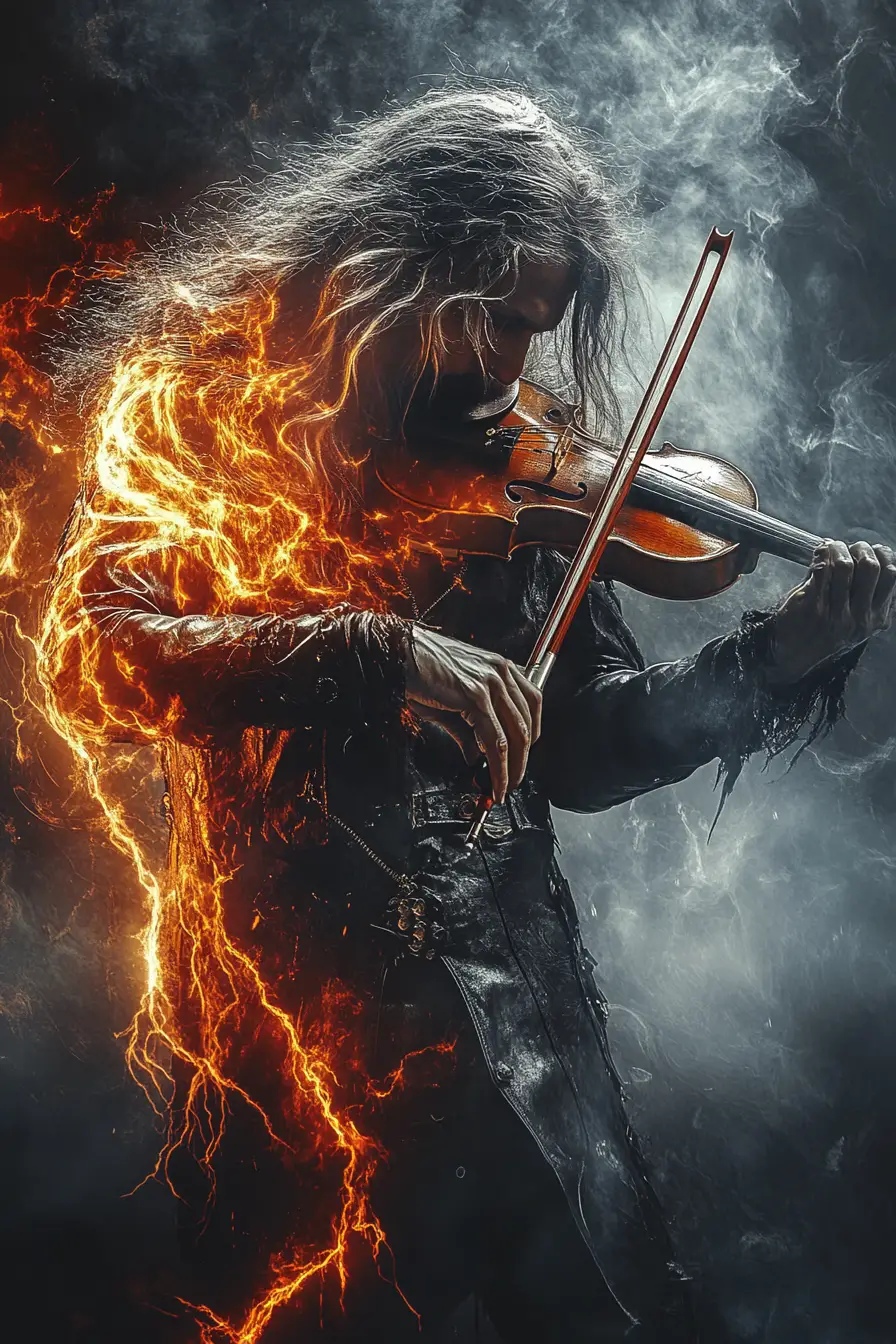 Violinist on smoky stage with blazing electric violin