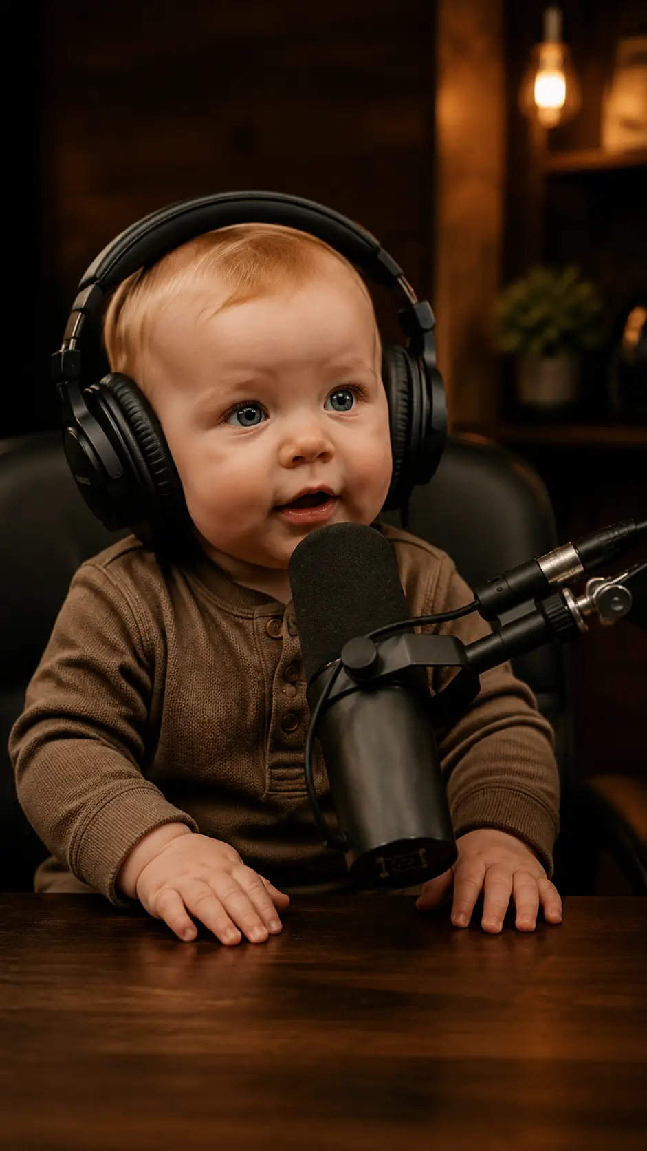 戴著耳機坐在錄音室桌前的寶寶 Podcast 主持人