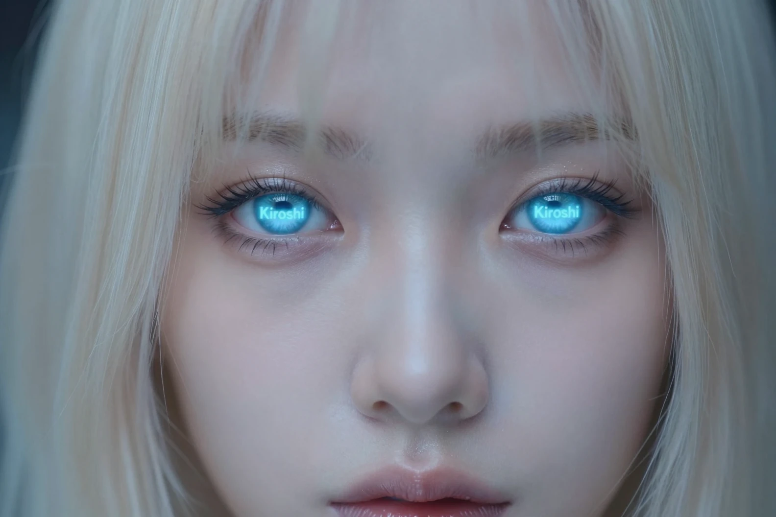 플래티넘 블론드 헤어와 사이버네틱 눈의 극초근접 클로즈업