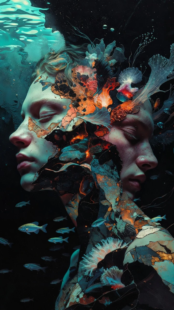 Retrato surreal de duplo perfil unindo mulher e vida marinha