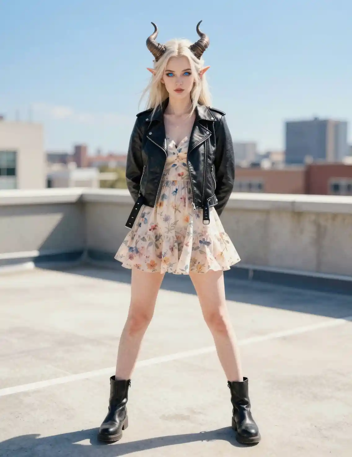 Tiefling woman on rooftop terrace in sunlight
