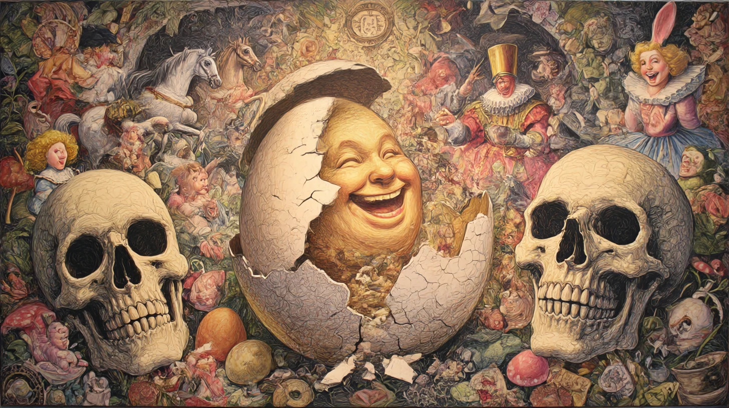 Humpty Dumpty in frantumi tra beffardi spettatori da fiaba