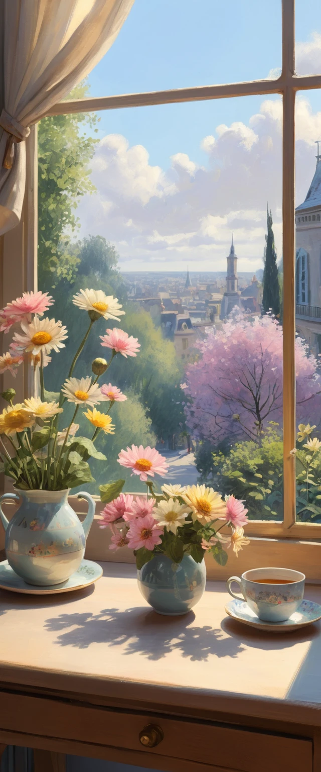 Honey jar and tea cup by a bright floral window
