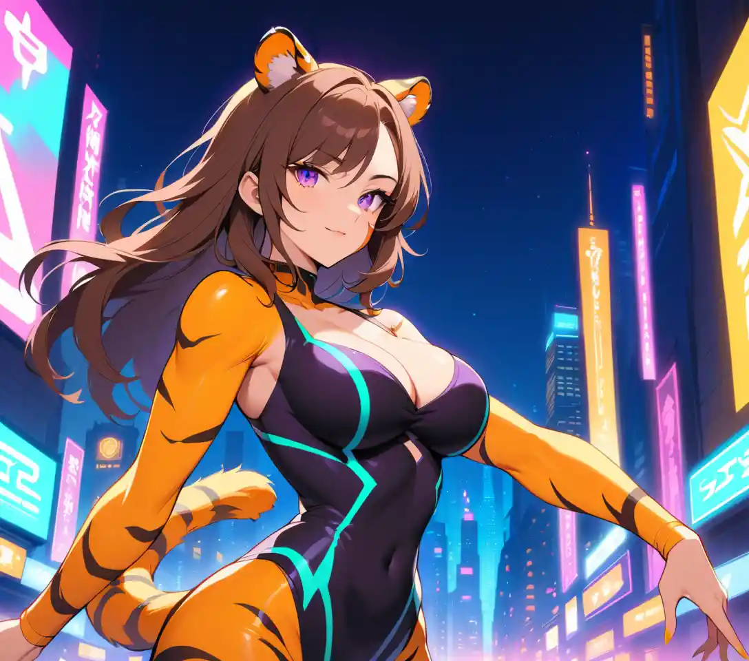 Mulher madura com orelhas de tigre em roupa neon no cenário urbano noturno