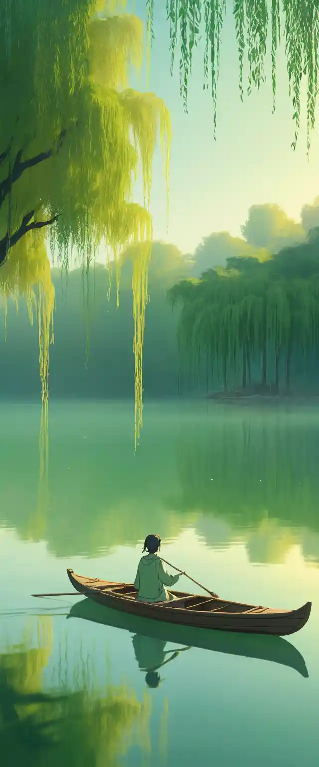 Barco solitário em lago esmeralda calmo em ilustração em anime