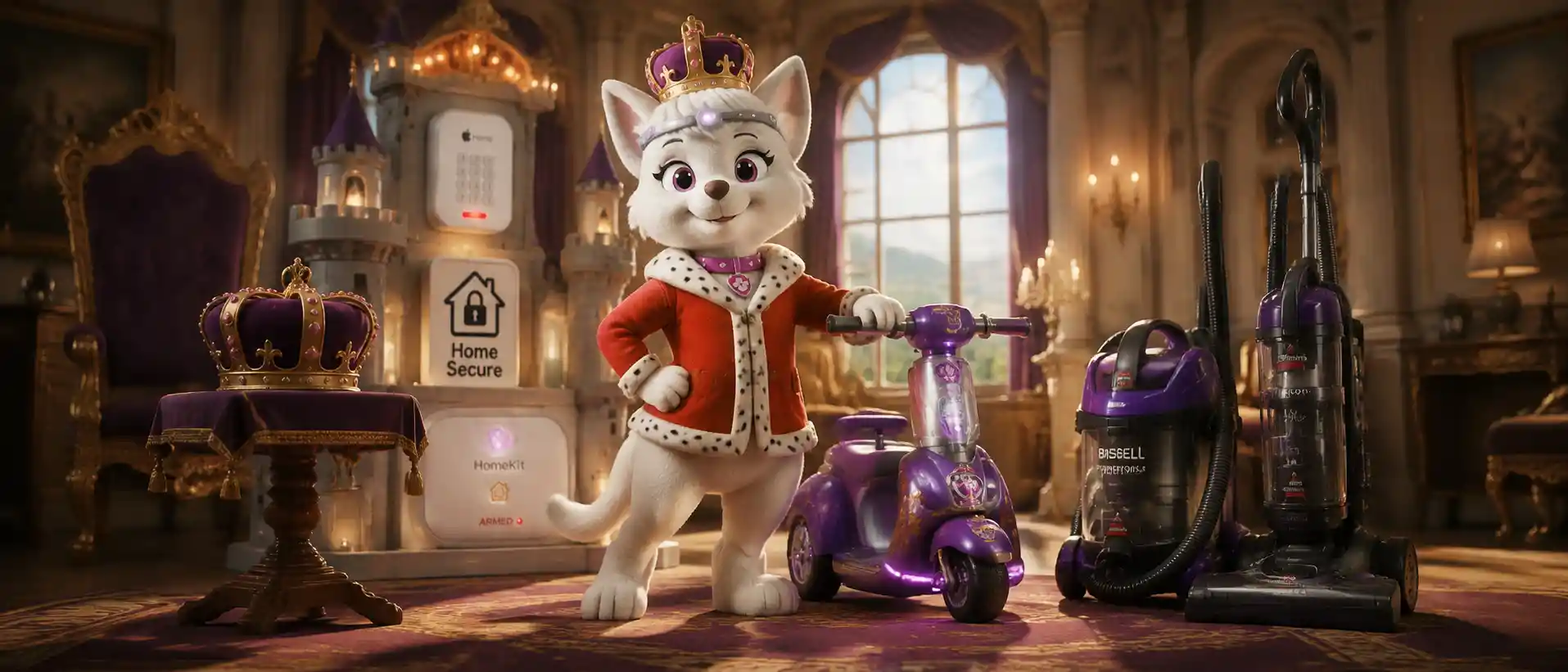 Dog mascot princess wearing crown and shirt in castle