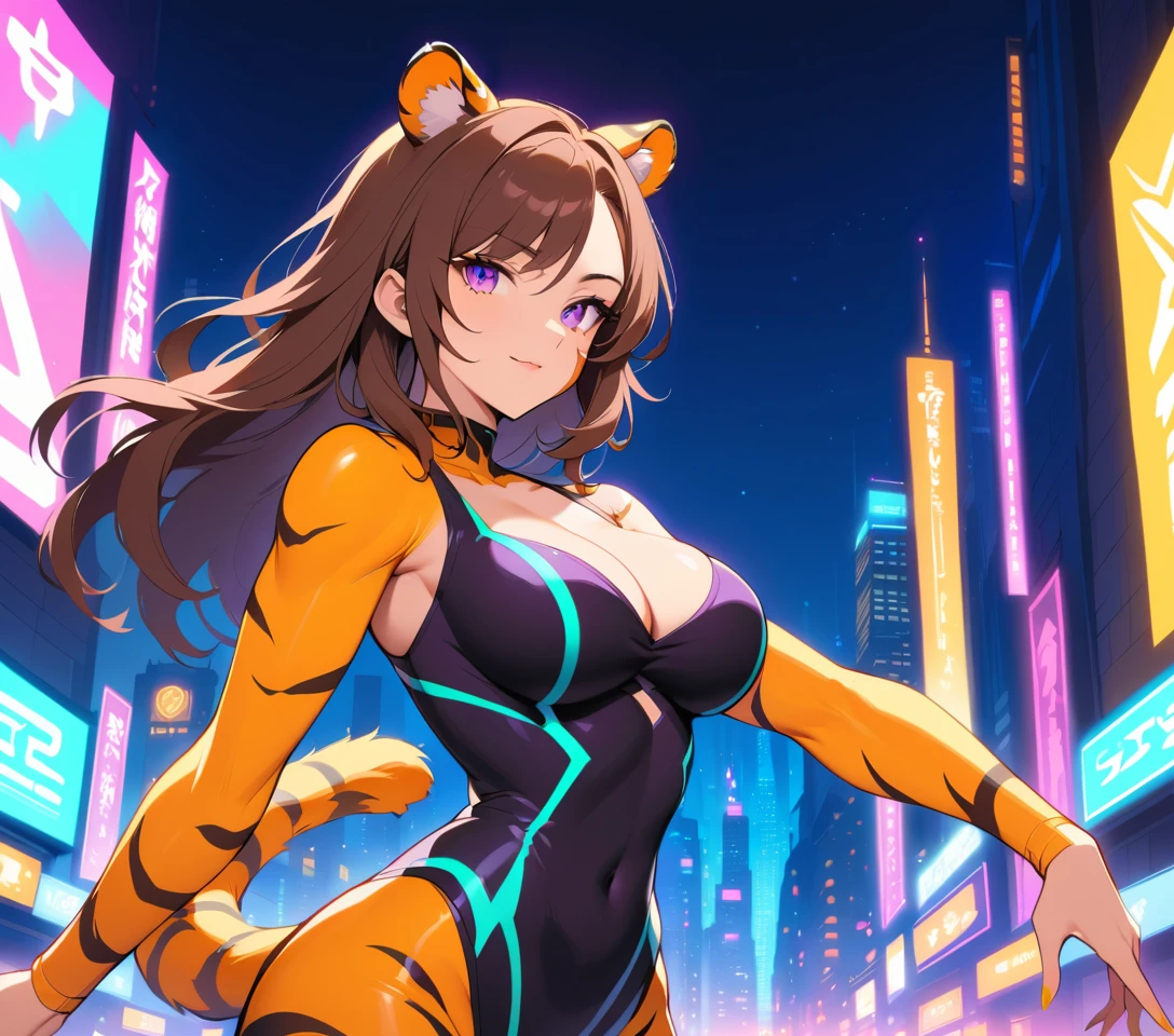 Mulher madura com orelhas de tigre em roupa neon no cenário urbano noturno