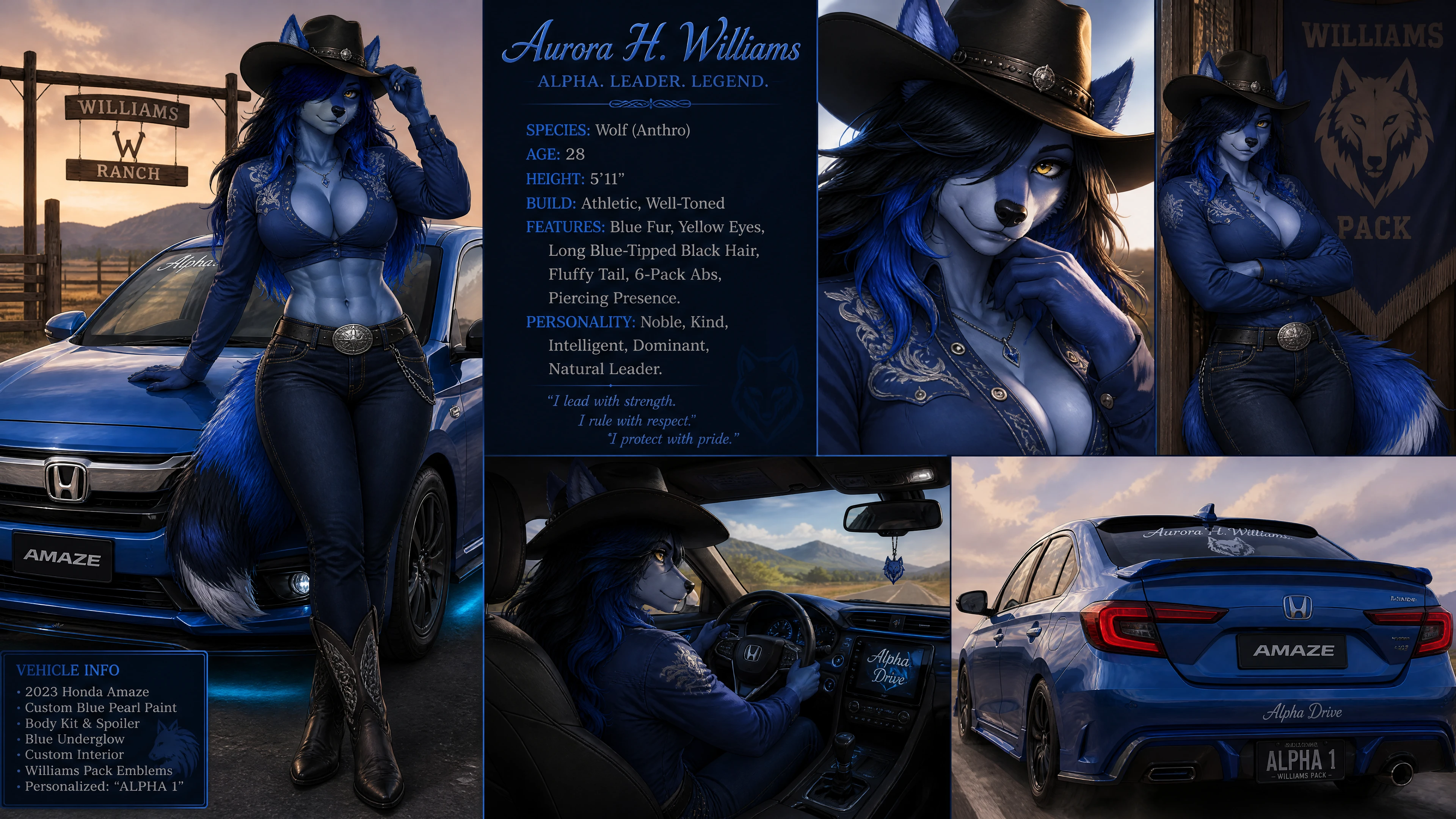 Cowgirl louve bleue anthro s’appuyant avec assurance en tenue western