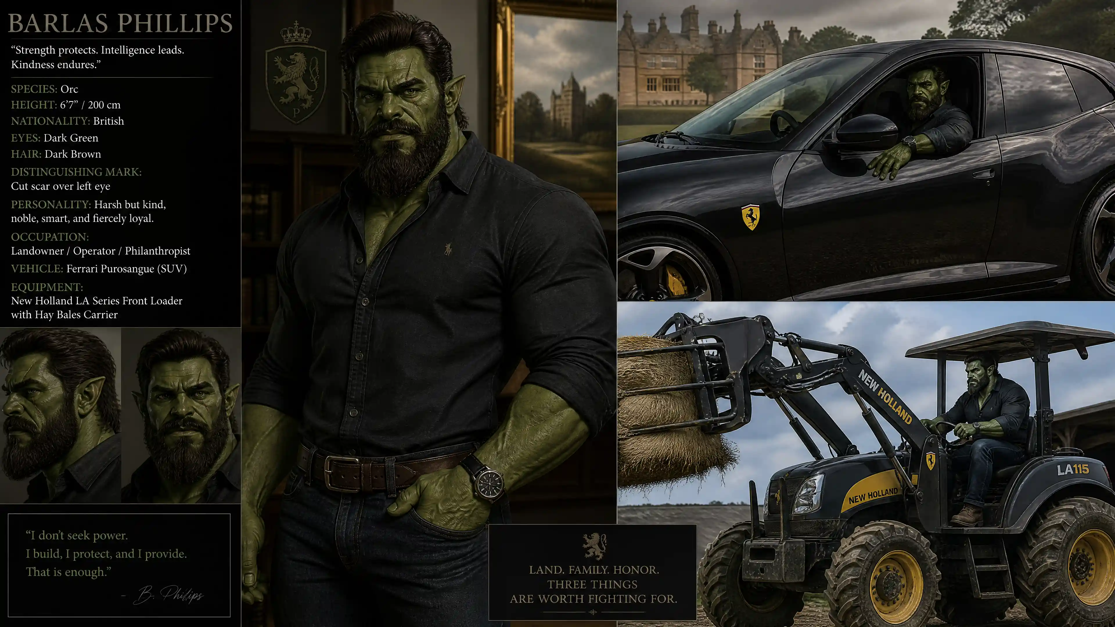 Orc verde alto dirigindo um SUV Ferrari com carregadeira