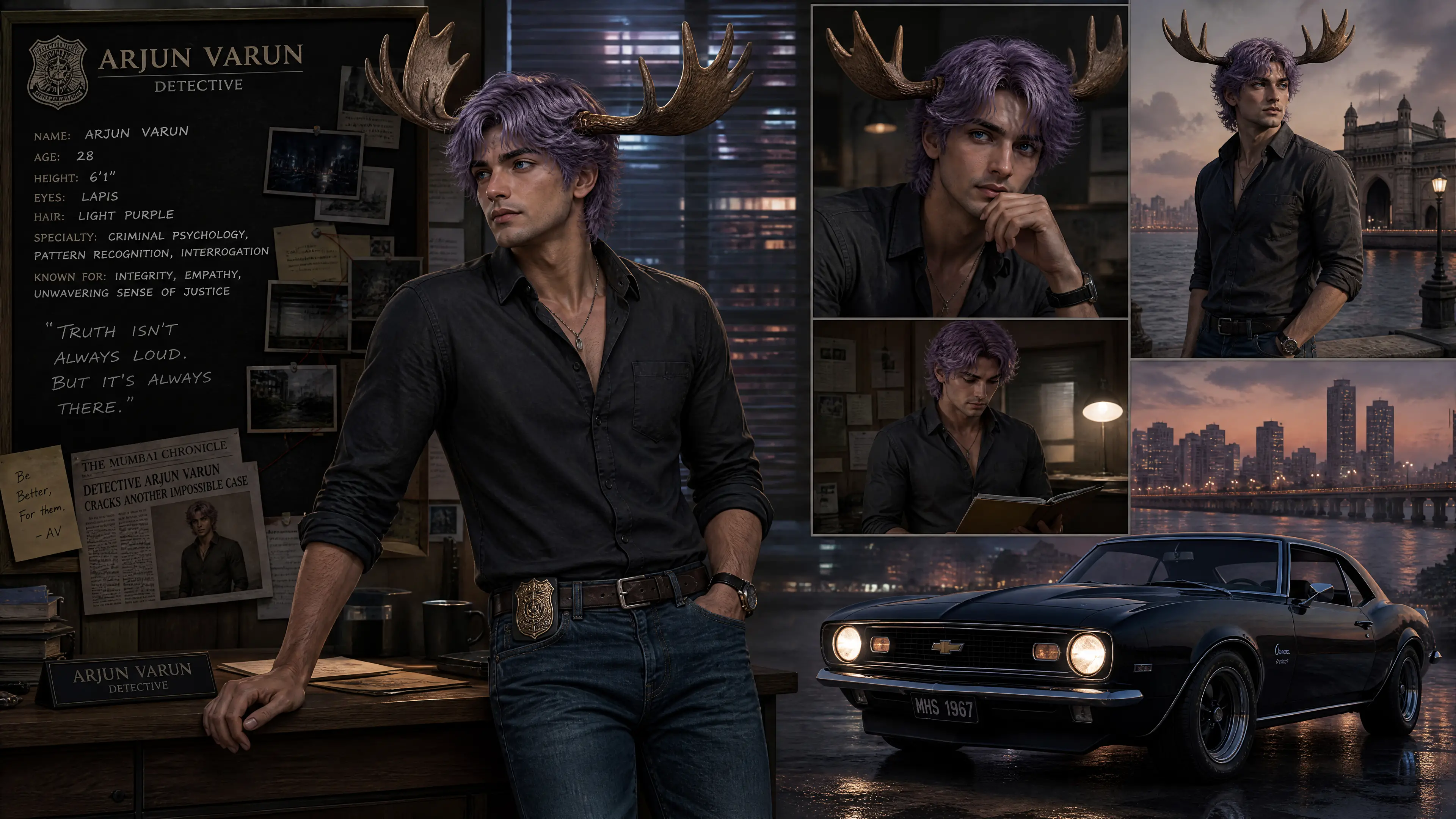 Homme indien avec des bois conduisant une muscle car classique