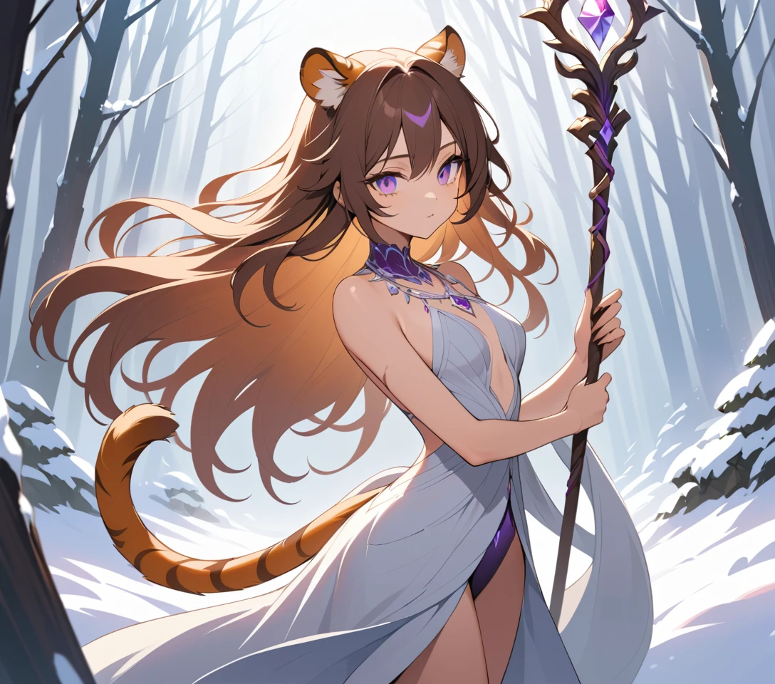 Mystical tiger eared woman in a serene winter forest