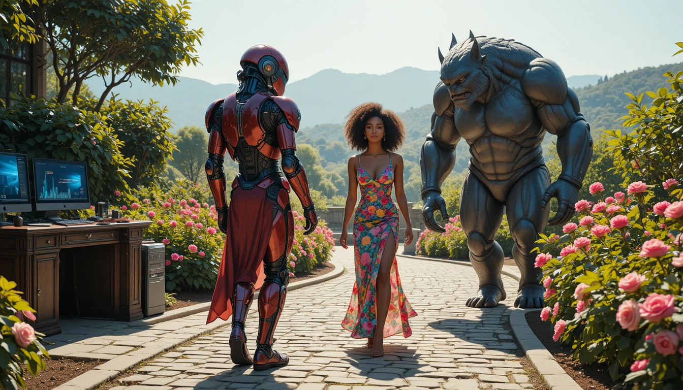 Woman walking between robot and beast in rose garden