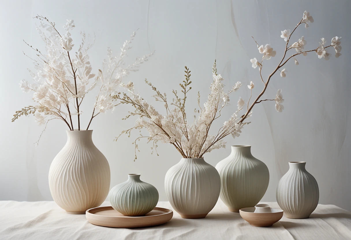 Interior Japandi sereno con cerámicas y ramas naturales