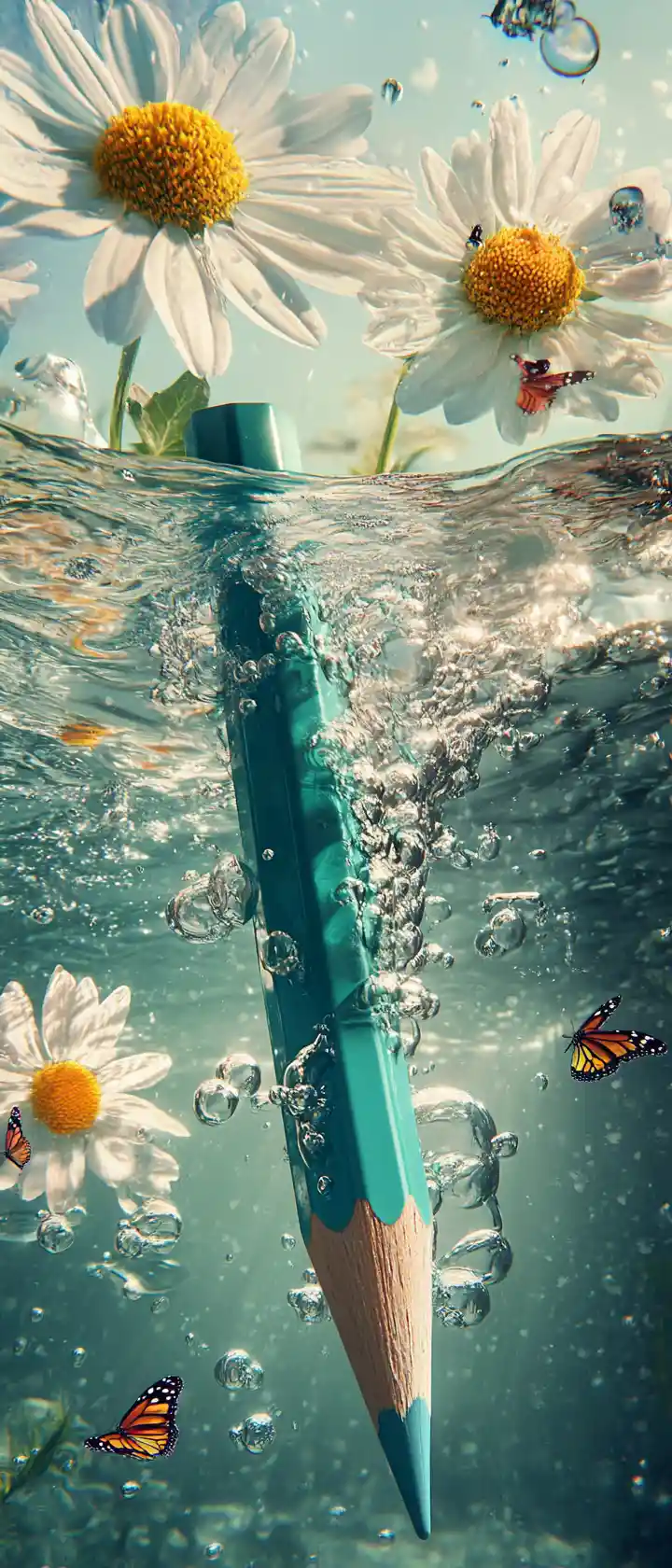 Teal pencil plunging into dreamy underwater world