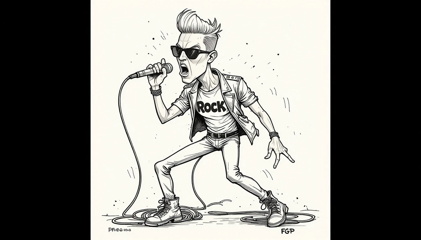 Caricature de chanteur de rock énergique en style line art audacieux