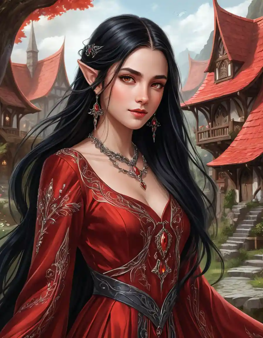 Ragazza anime con abito rosso fantasy in un villaggio elfico