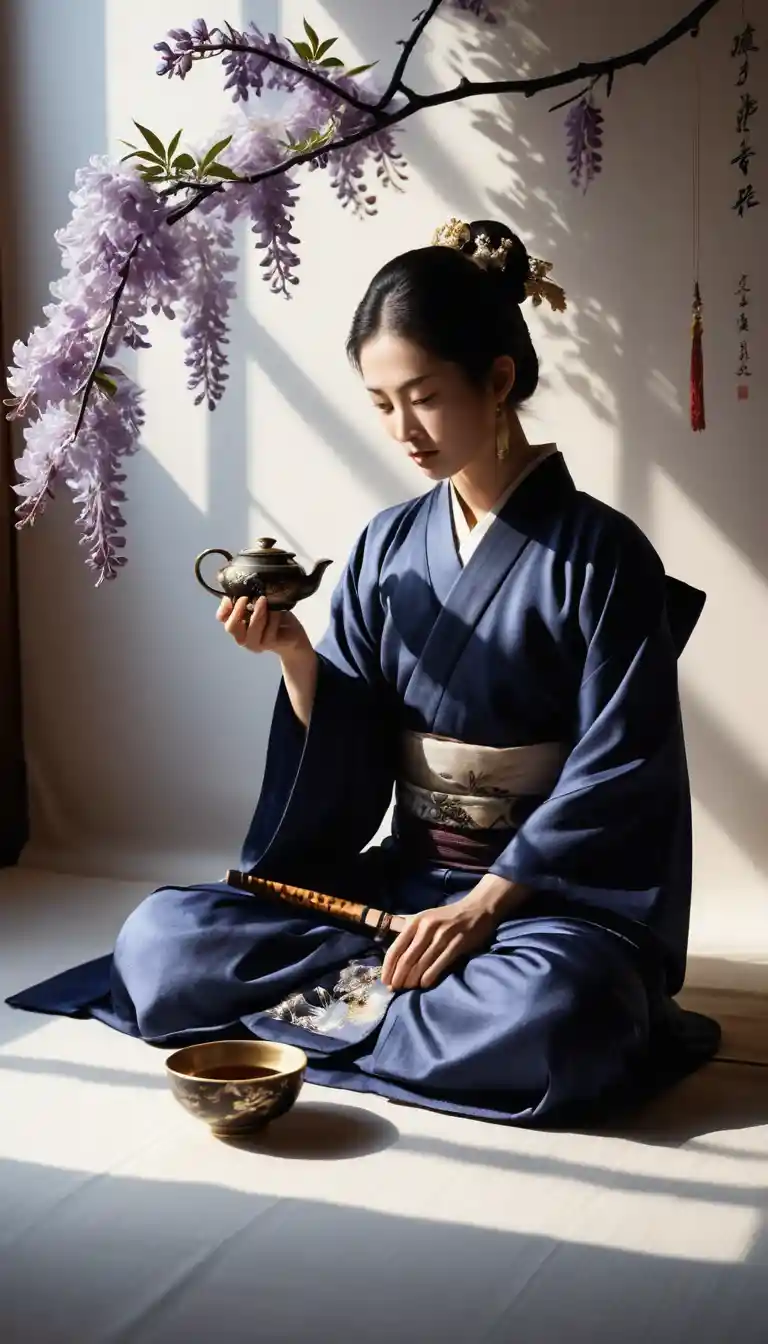 Cerimonia del tè samurai con ombre danzanti e glicini