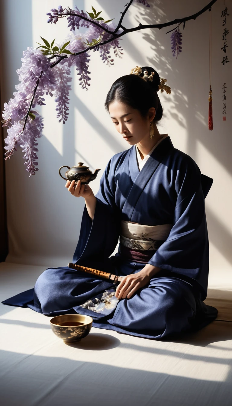Cerimônia do chá samurai com sombras dançantes e glicínias