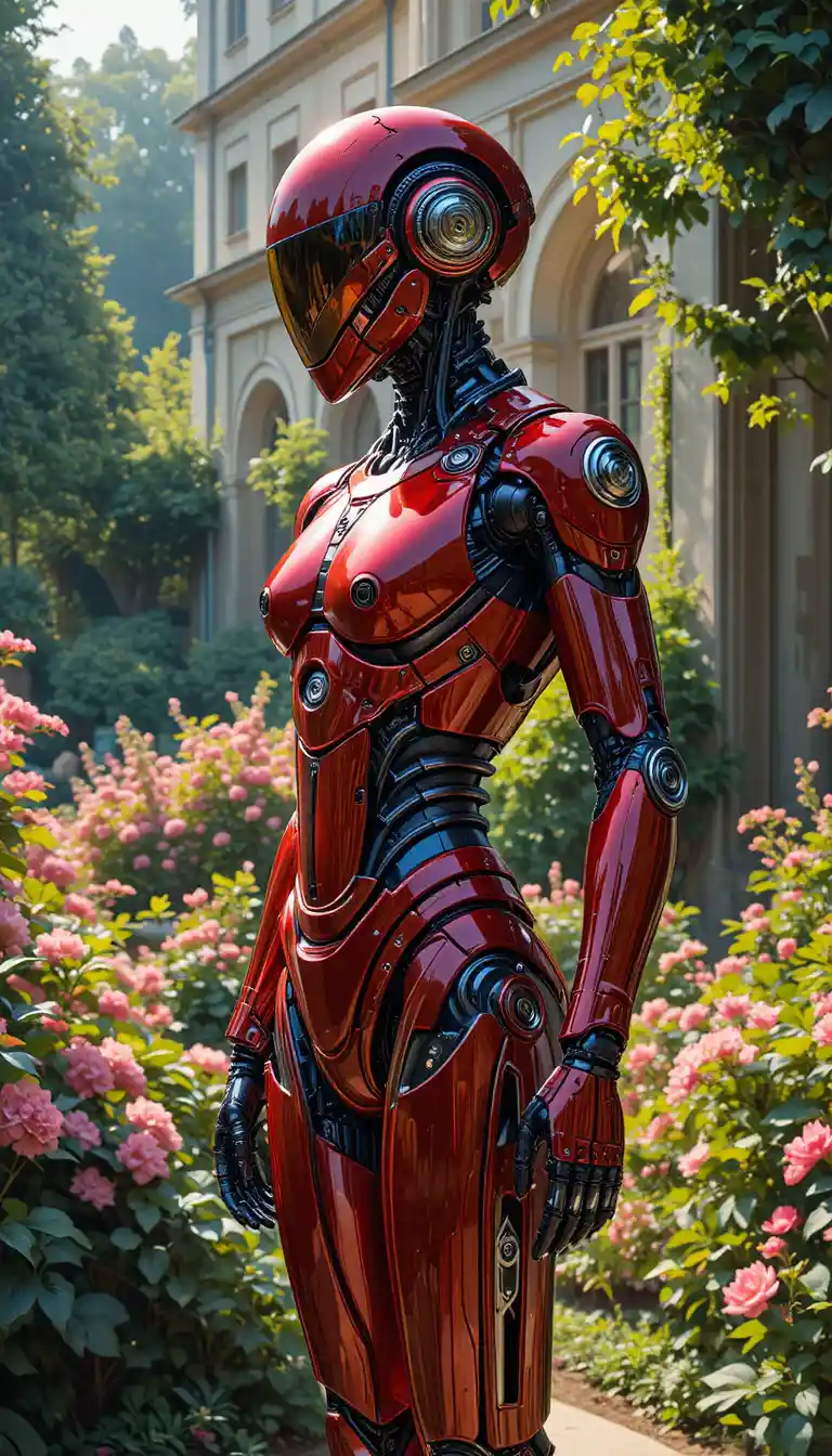 Robô humanóide vermelho em um jardim clássico banhado pelo sol