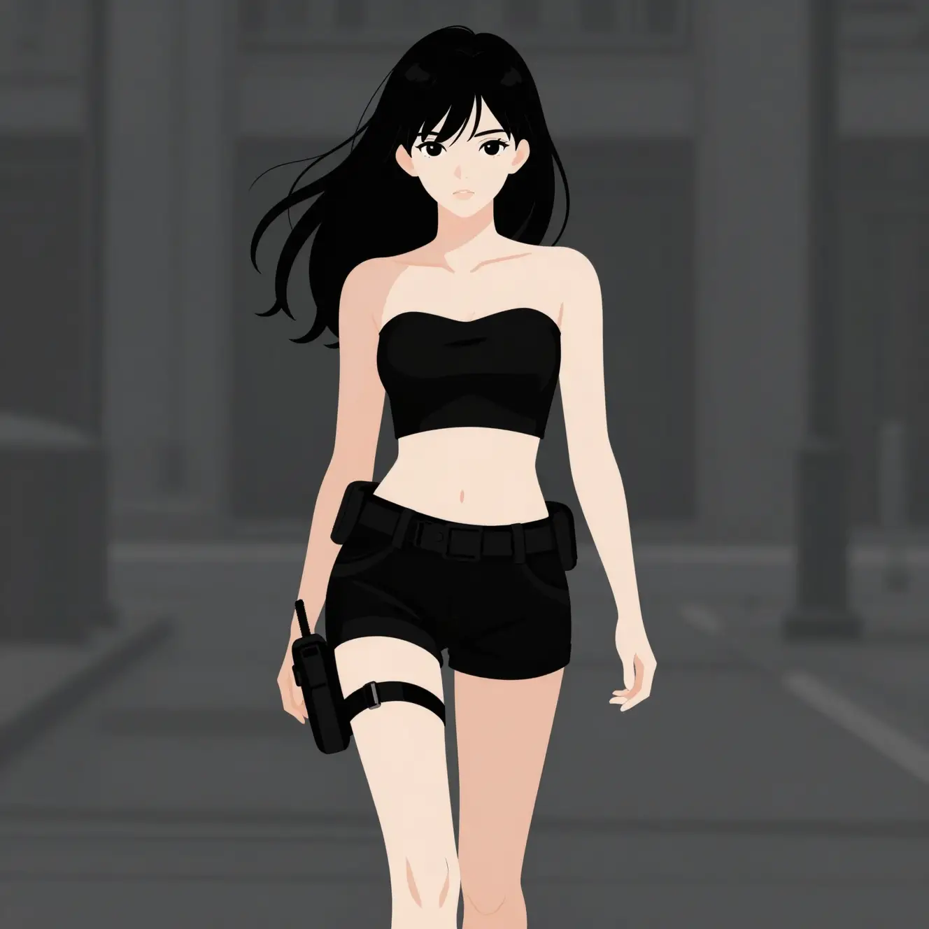 Anime girl walking in a minimalist urban street scene