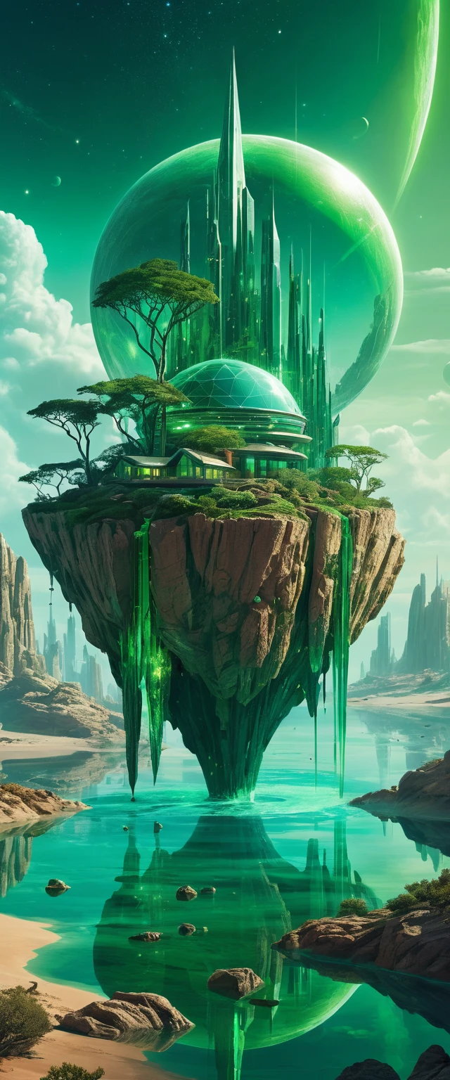 Casa futurista em ilha rochosa no deserto líquido