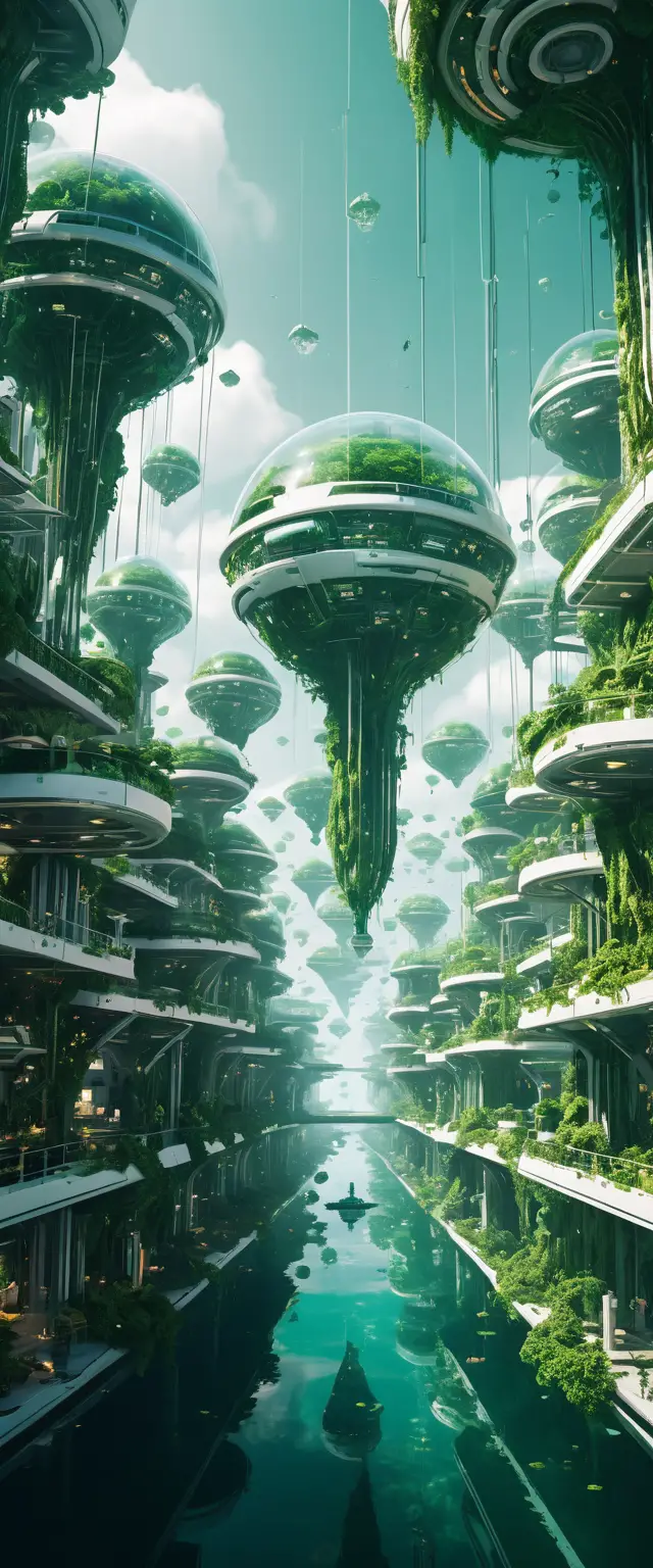 Futuristische schwebende Stadt über einem weiten smaragdgrünen Ozean