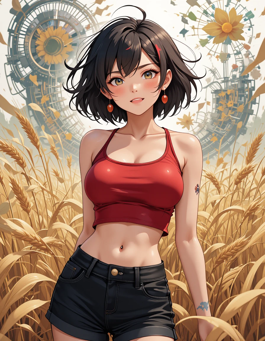Anime girl in red outfit standing in sunny wheat field