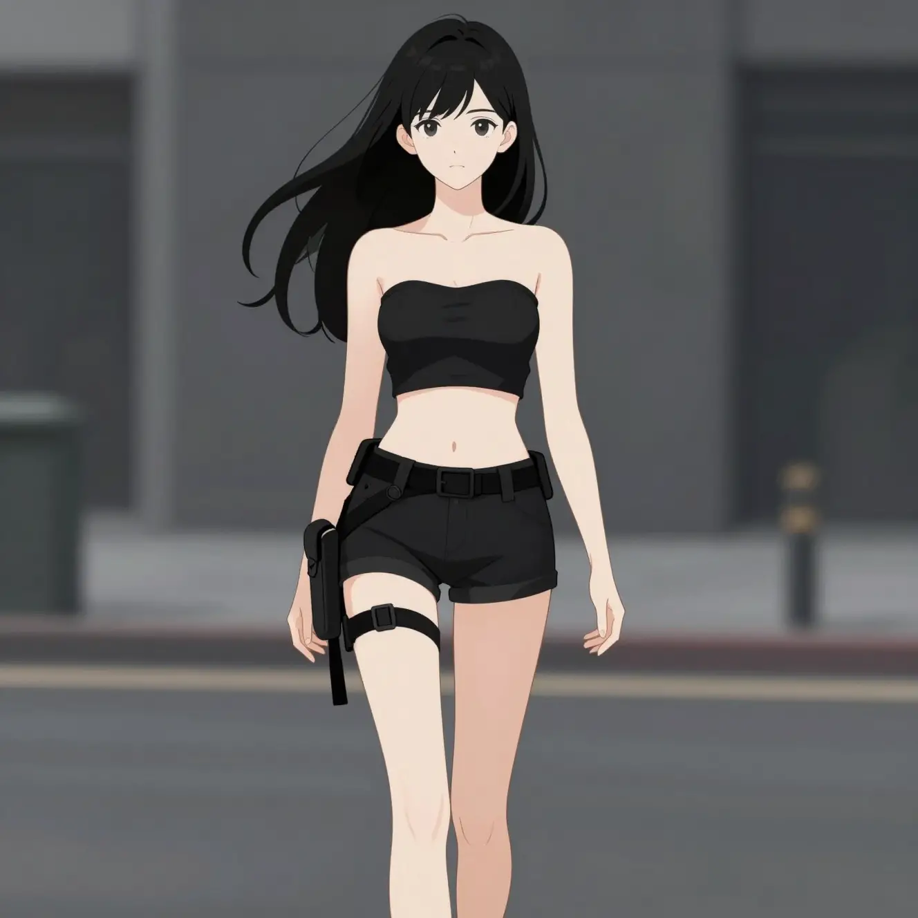 Anime woman walking forward in urban street scene