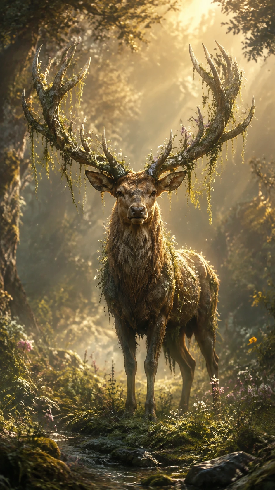 Majestoso veado em uma clareira de floresta iluminada pelo sol