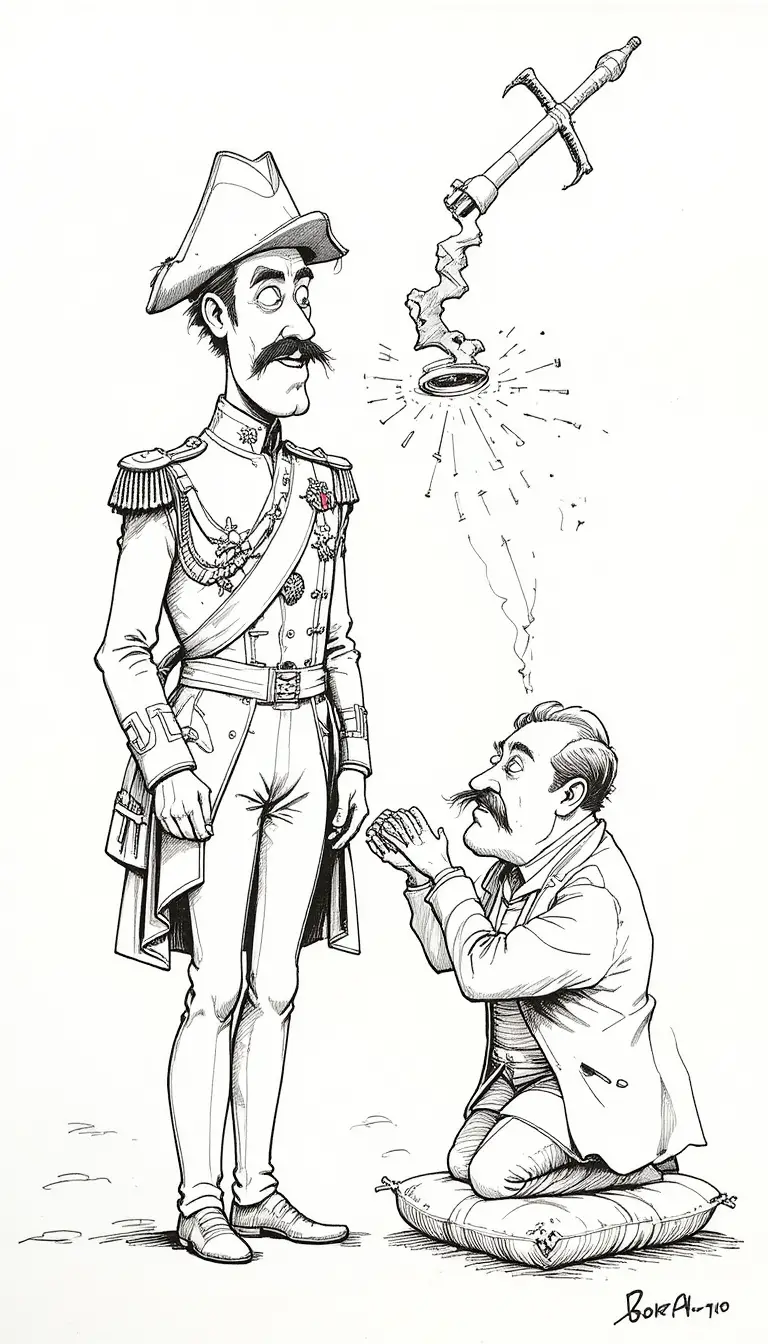 Vignetta satirica con un generale e un uomo in ginocchio con anello