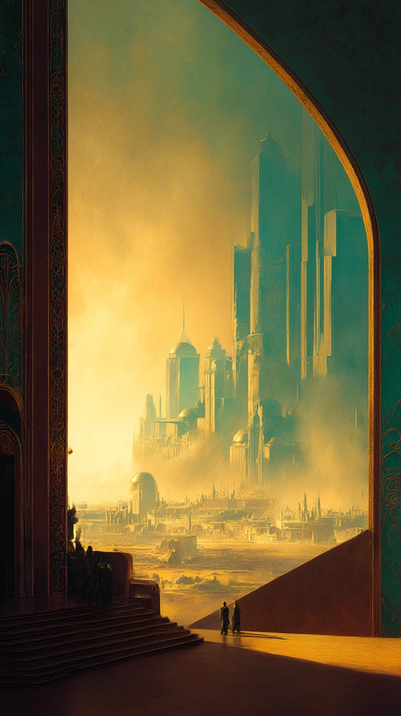 Epische goldene Fantasy-Landschaft mit leuchtendem fernen Horizont