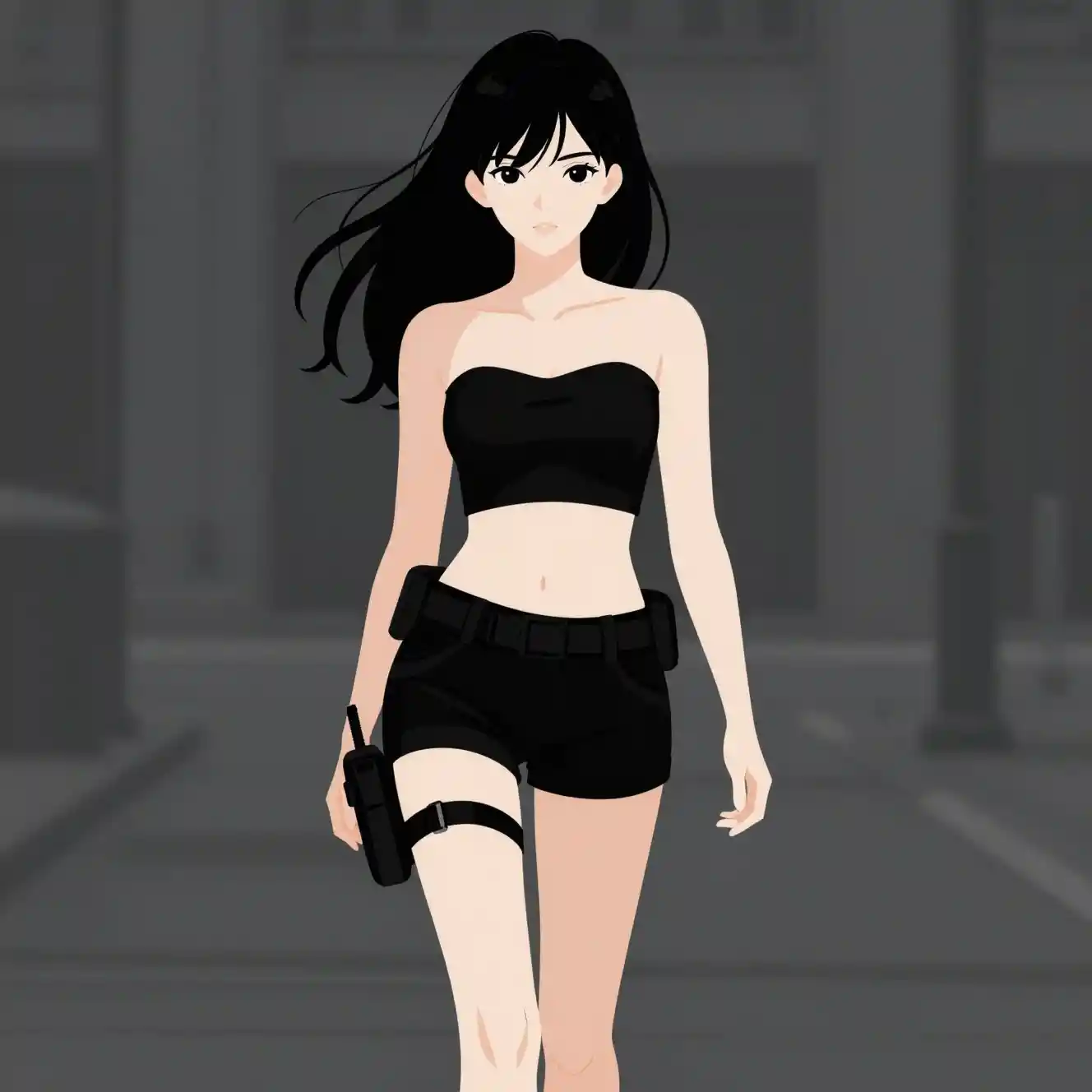 Anime girl walking in a minimalist urban street scene