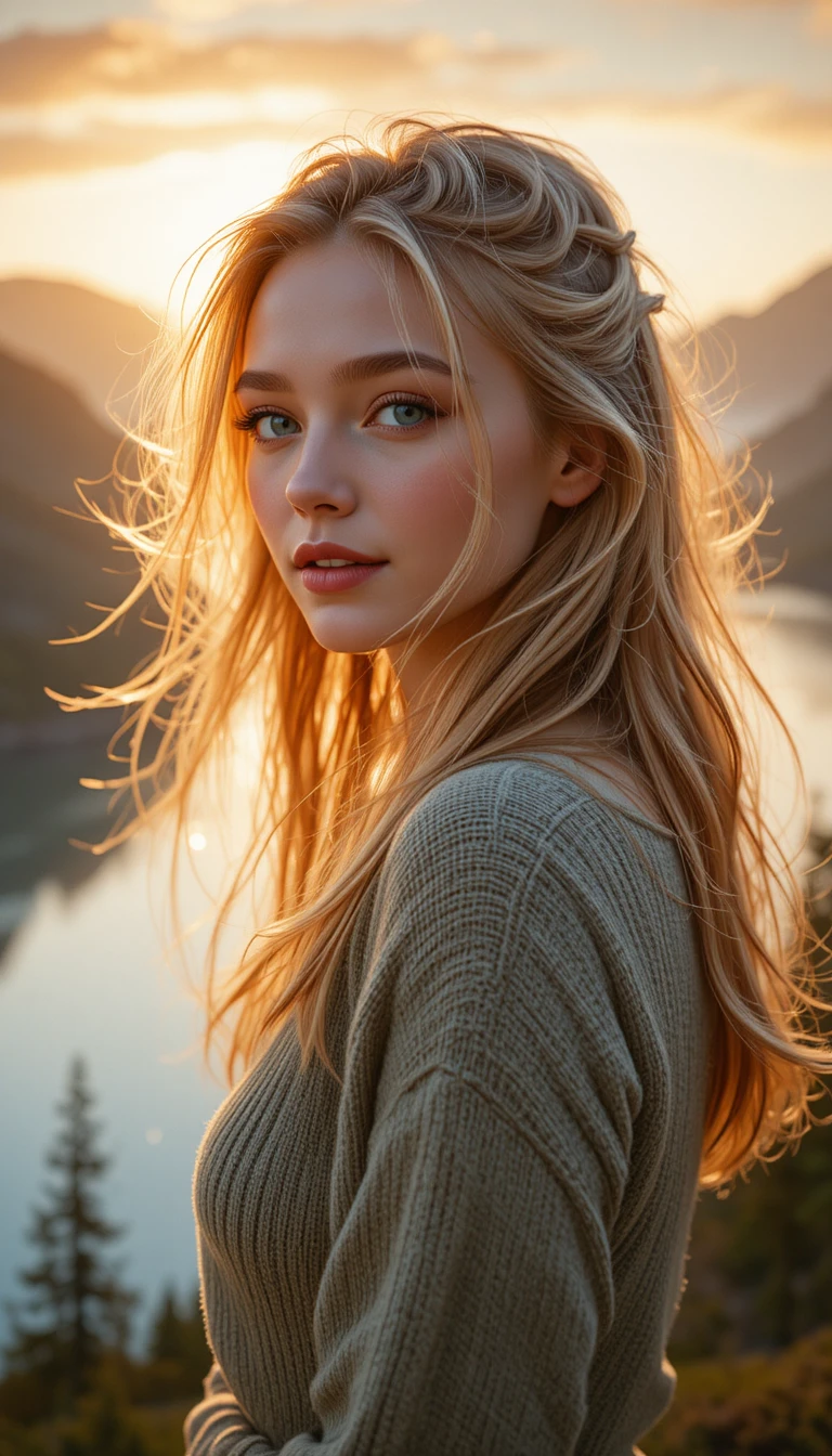 Young woman at misty fjord in warm sunrise light