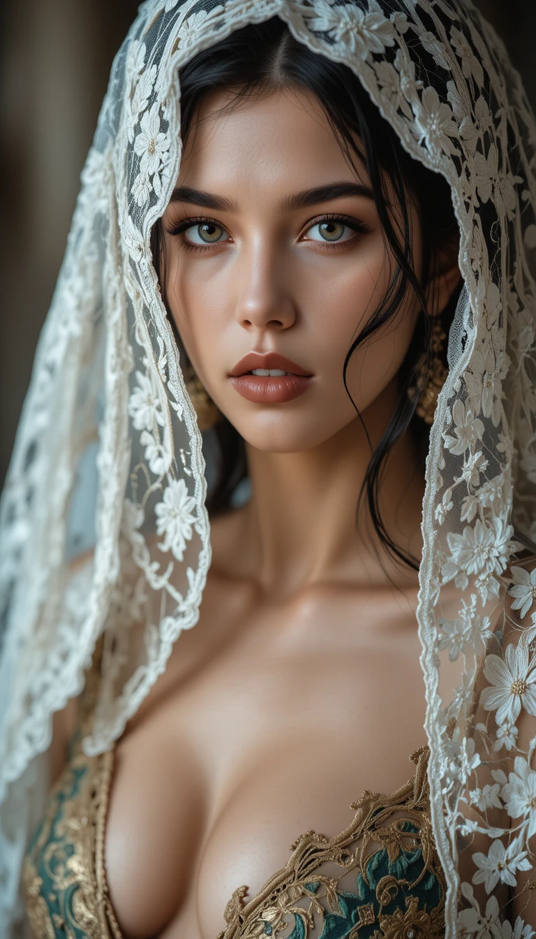 Spanish woman in lace veil with thoughtful serene gaze