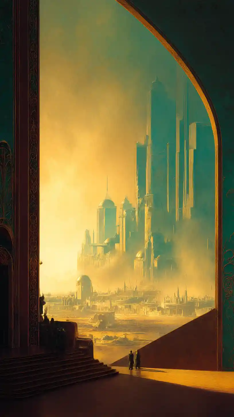Epische goldene Fantasy-Landschaft mit leuchtendem fernen Horizont