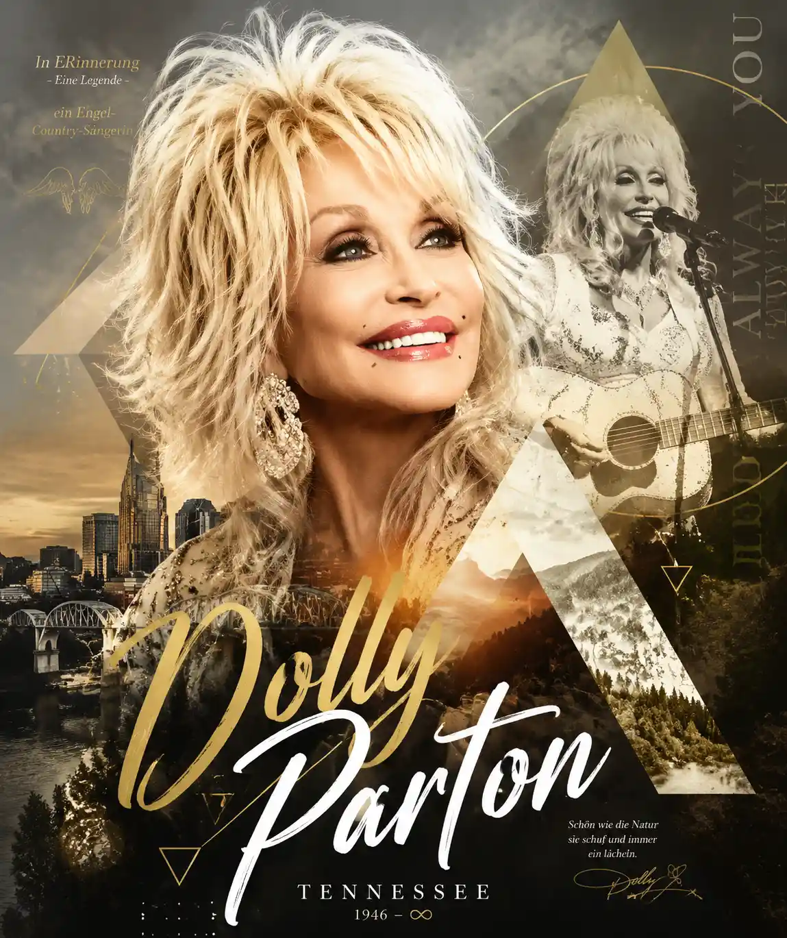 Cantante country alegre con cabello platinado y despeinado en doble exposición