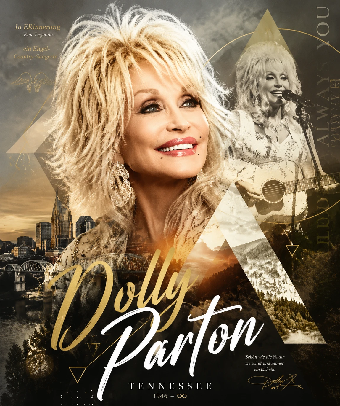 Joyful country singer with platinum shaggy hair in double exposure