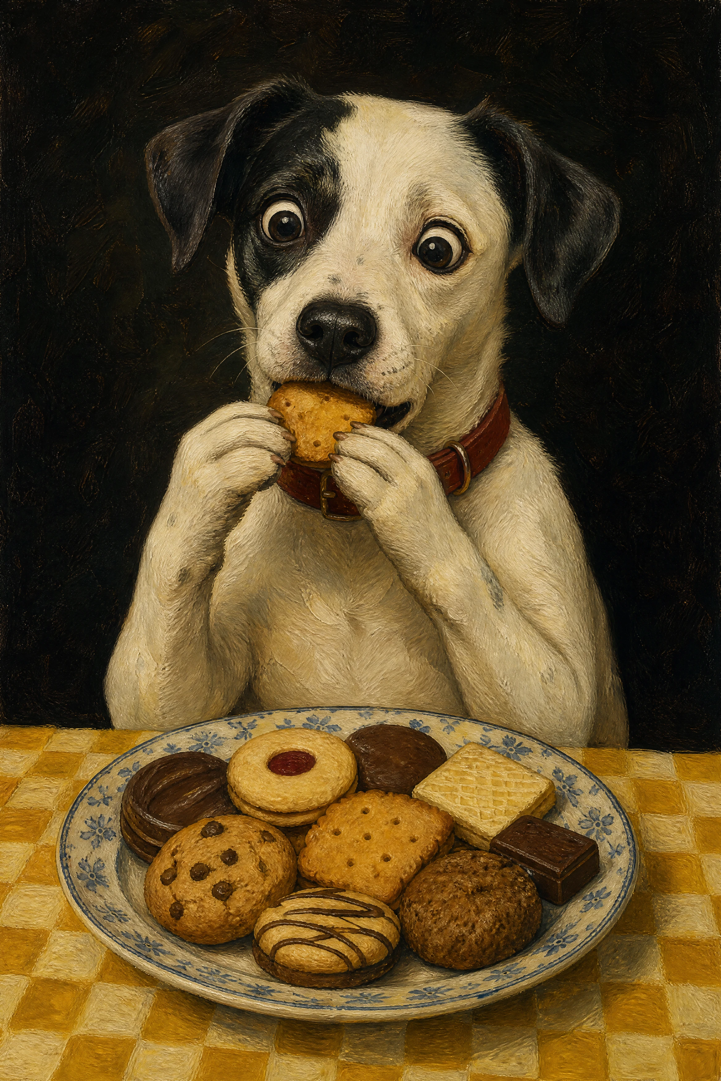 Cachorro branco comendo biscoitos à mesa em pintura a óleo