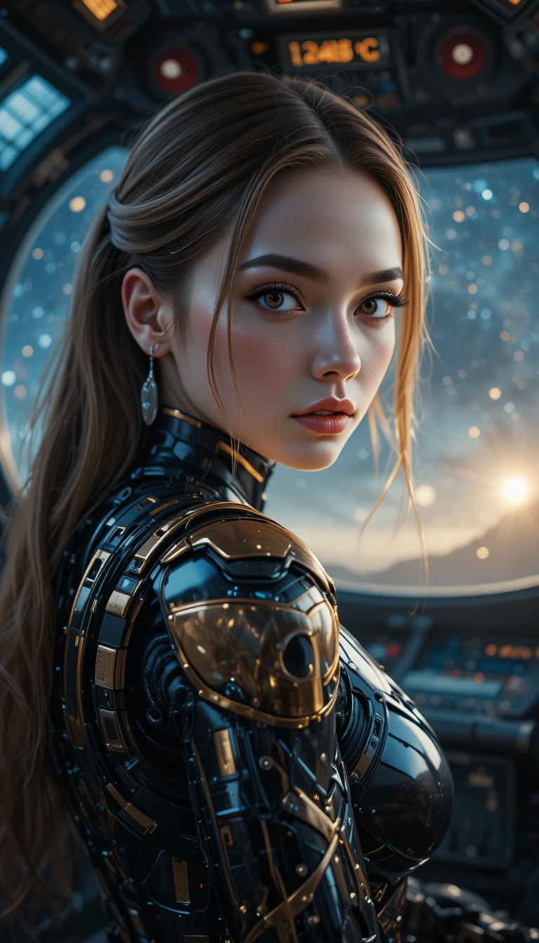 Mulher ciborgue em cabine de nave espacial com vista galáctica