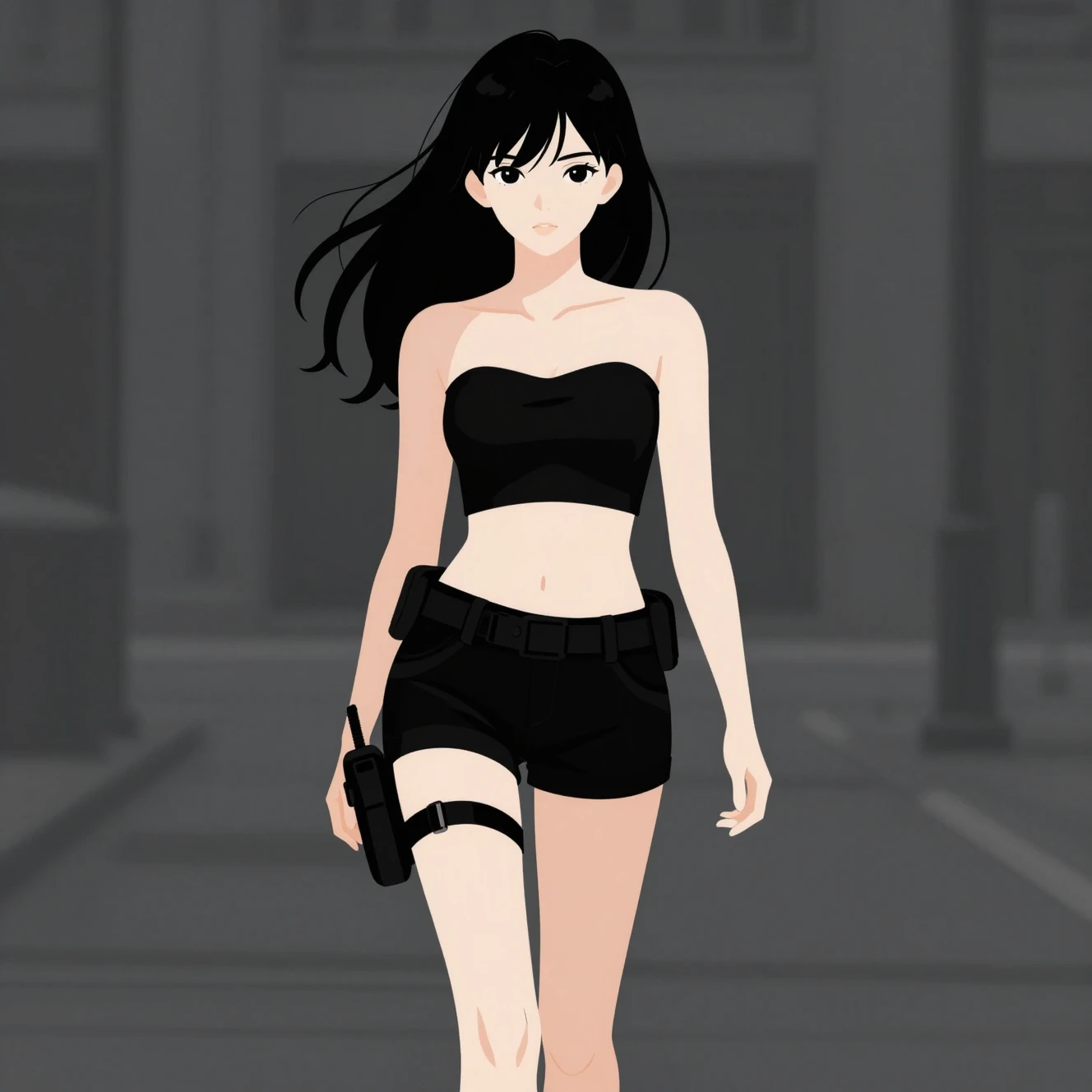 Anime girl walking in a minimalist urban street scene