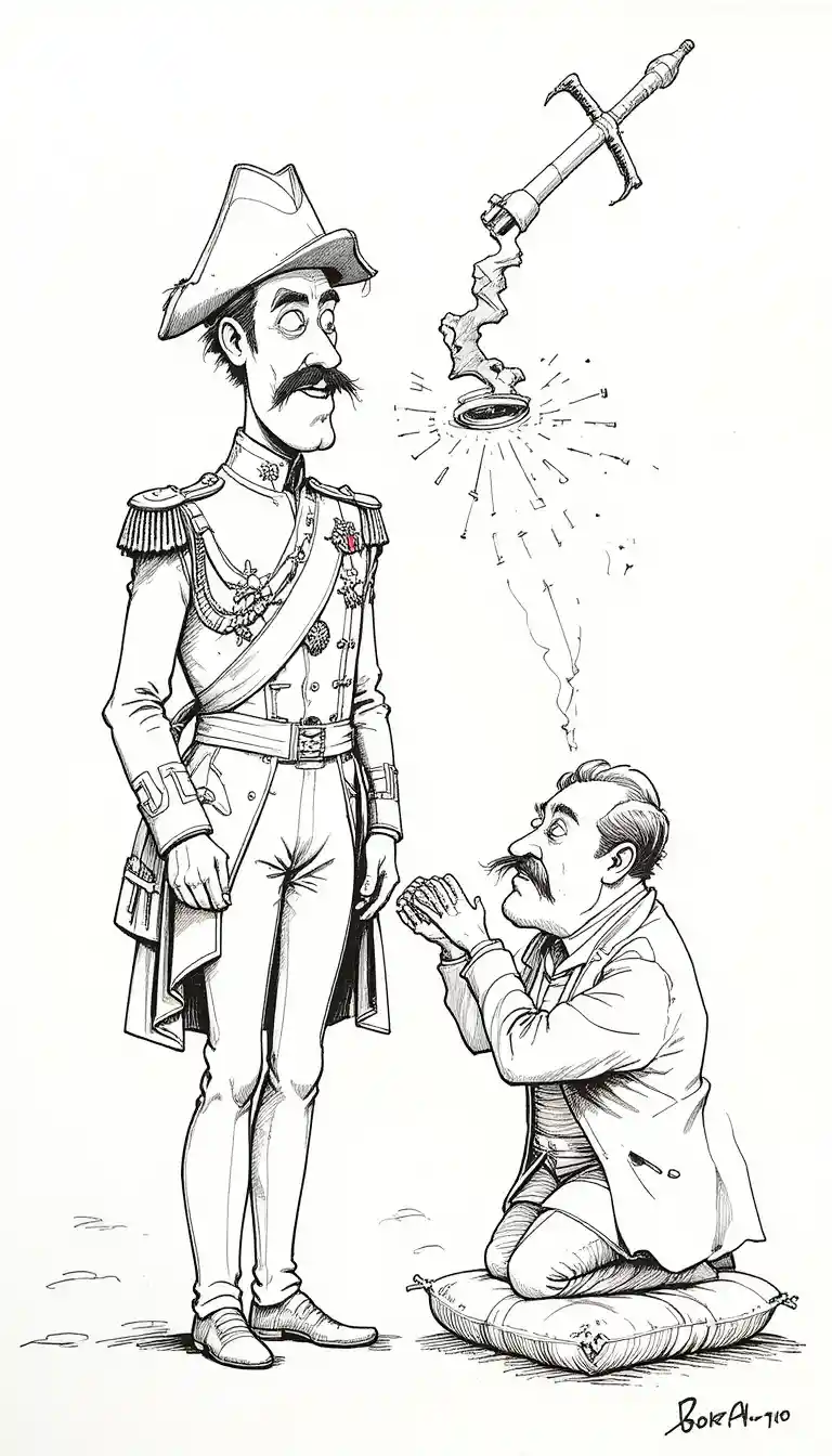 Caricatura satírica de un general y un hombre arrodillado con un anillo