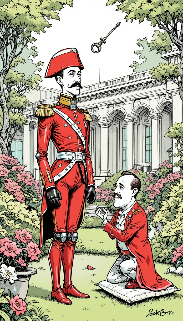 Robô humanóide vermelho em um jardim ensolarado com flores