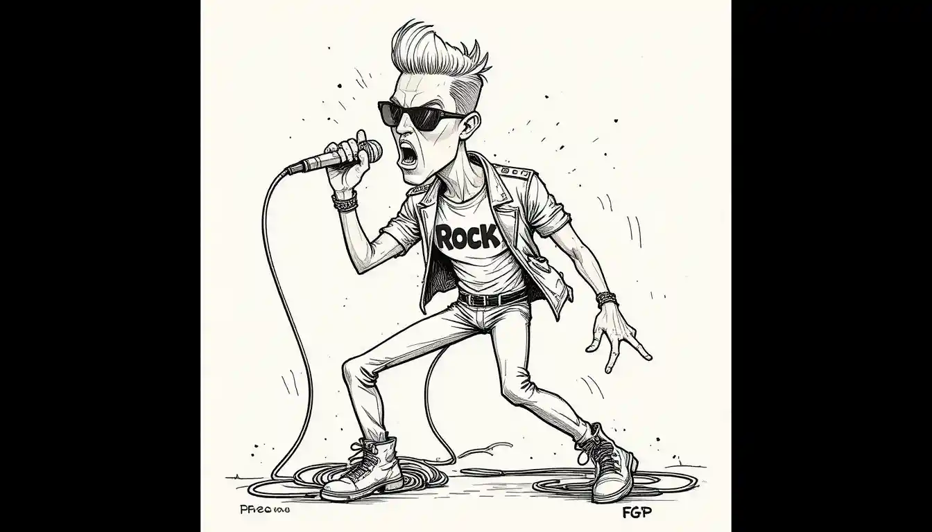 Caricature de chanteur de rock énergique en style line art audacieux
