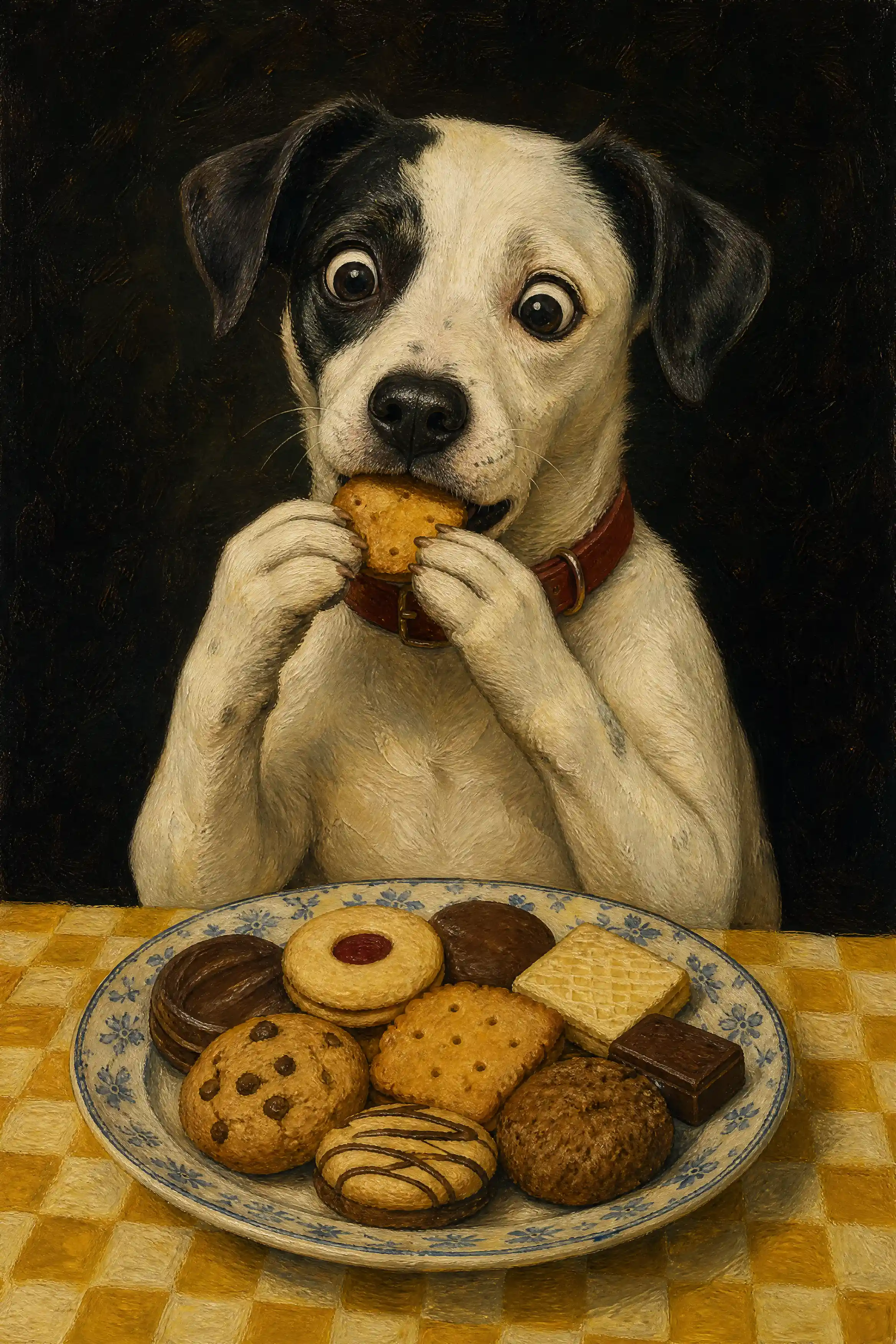 Cachorro branco comendo biscoitos à mesa em pintura a óleo