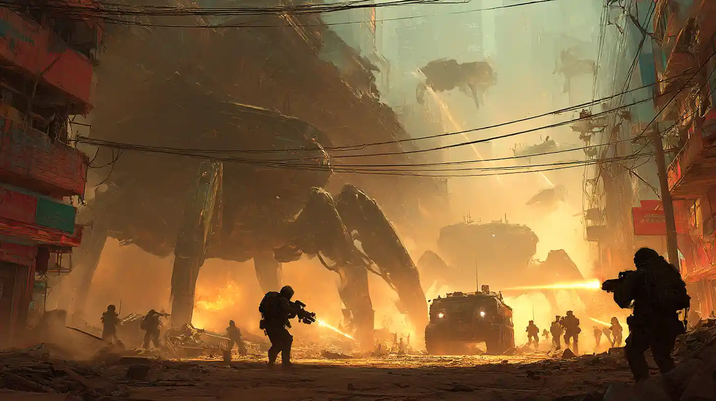 Humanos contra caminantes alienígenas en una ciudad futurista en ruinas
