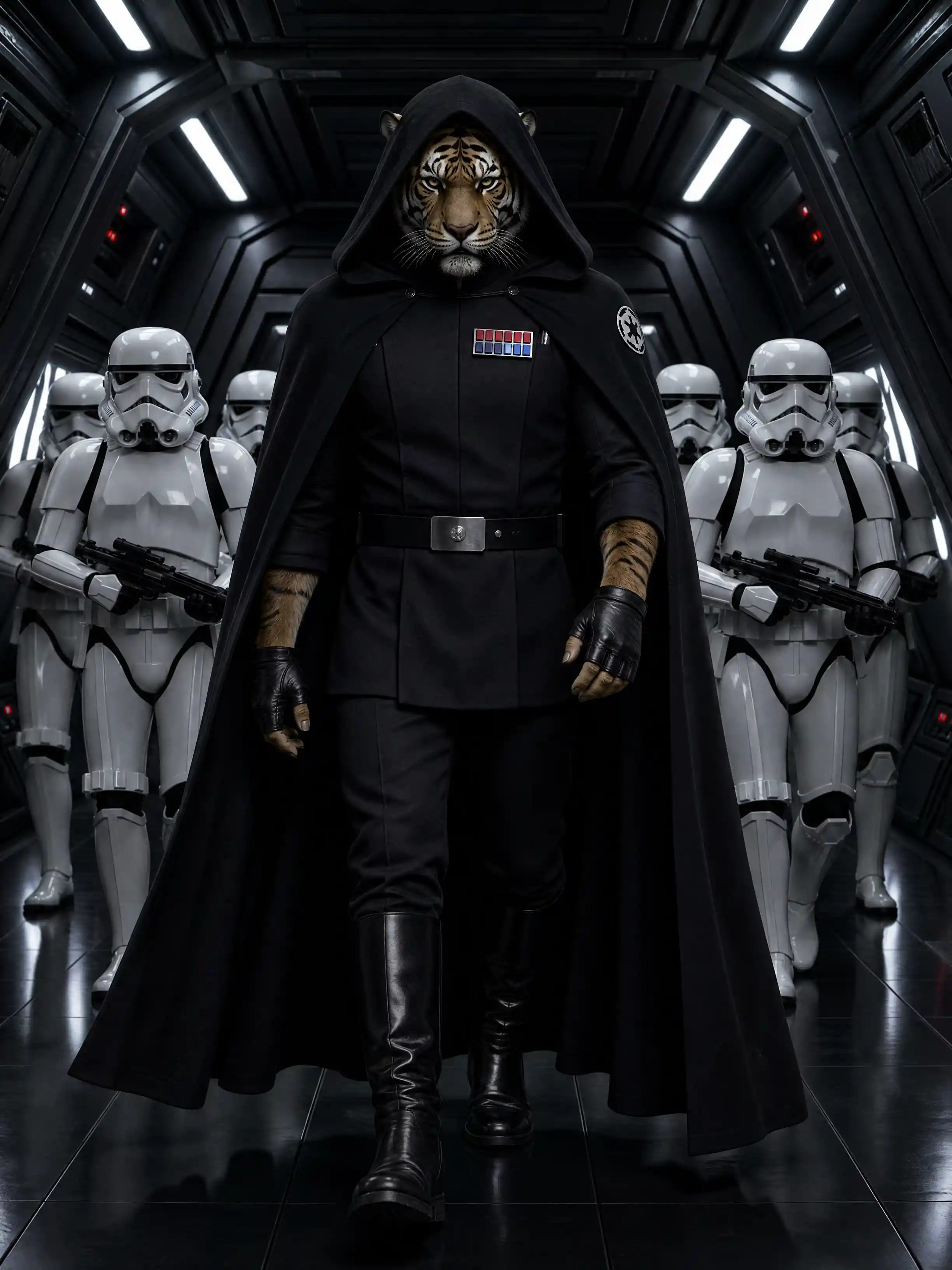 Oficial tigre de uniforme preto liderando stormtroopers pelo corredor