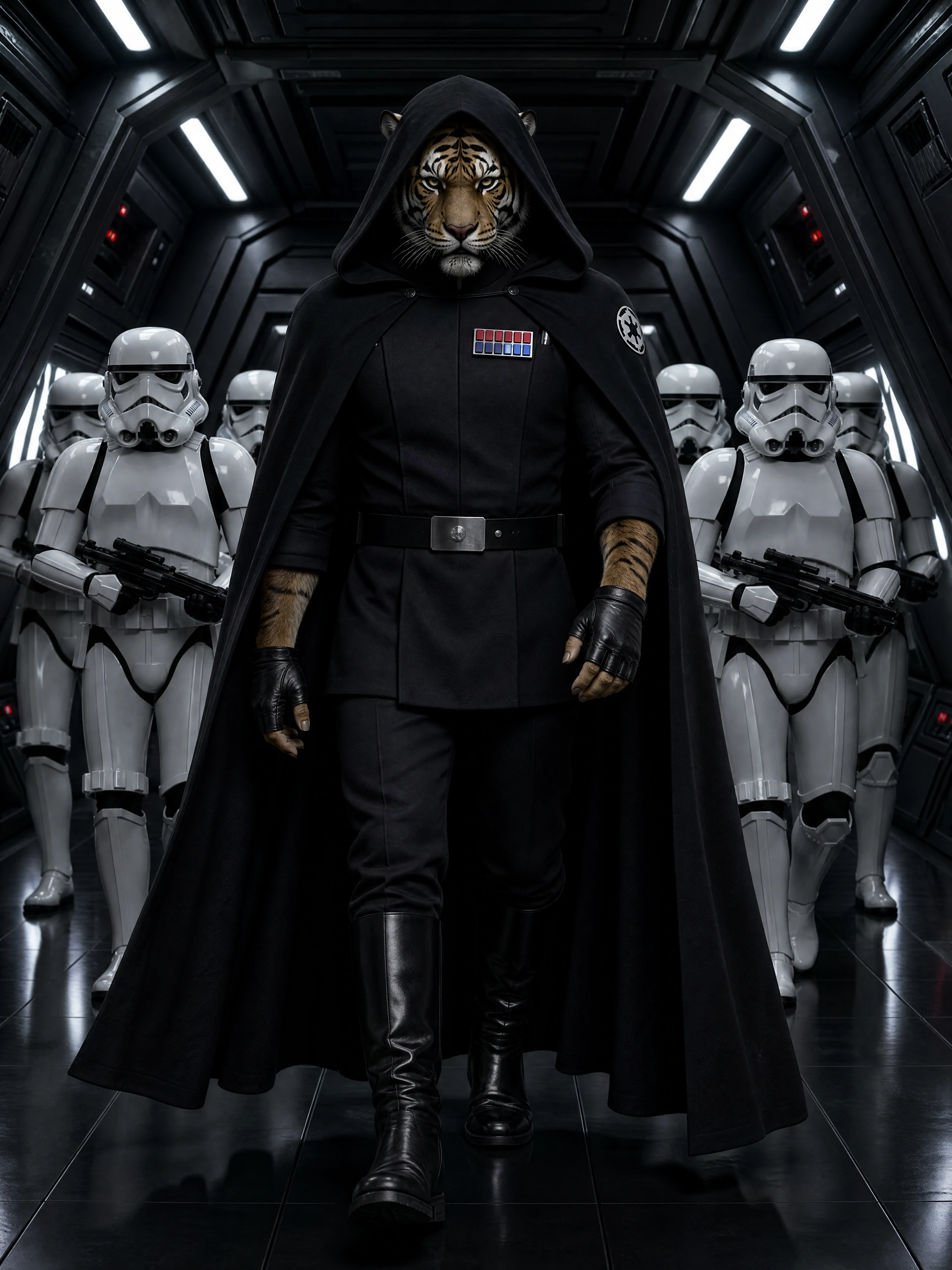 Oficial tigre de uniforme preto liderando stormtroopers pelo corredor