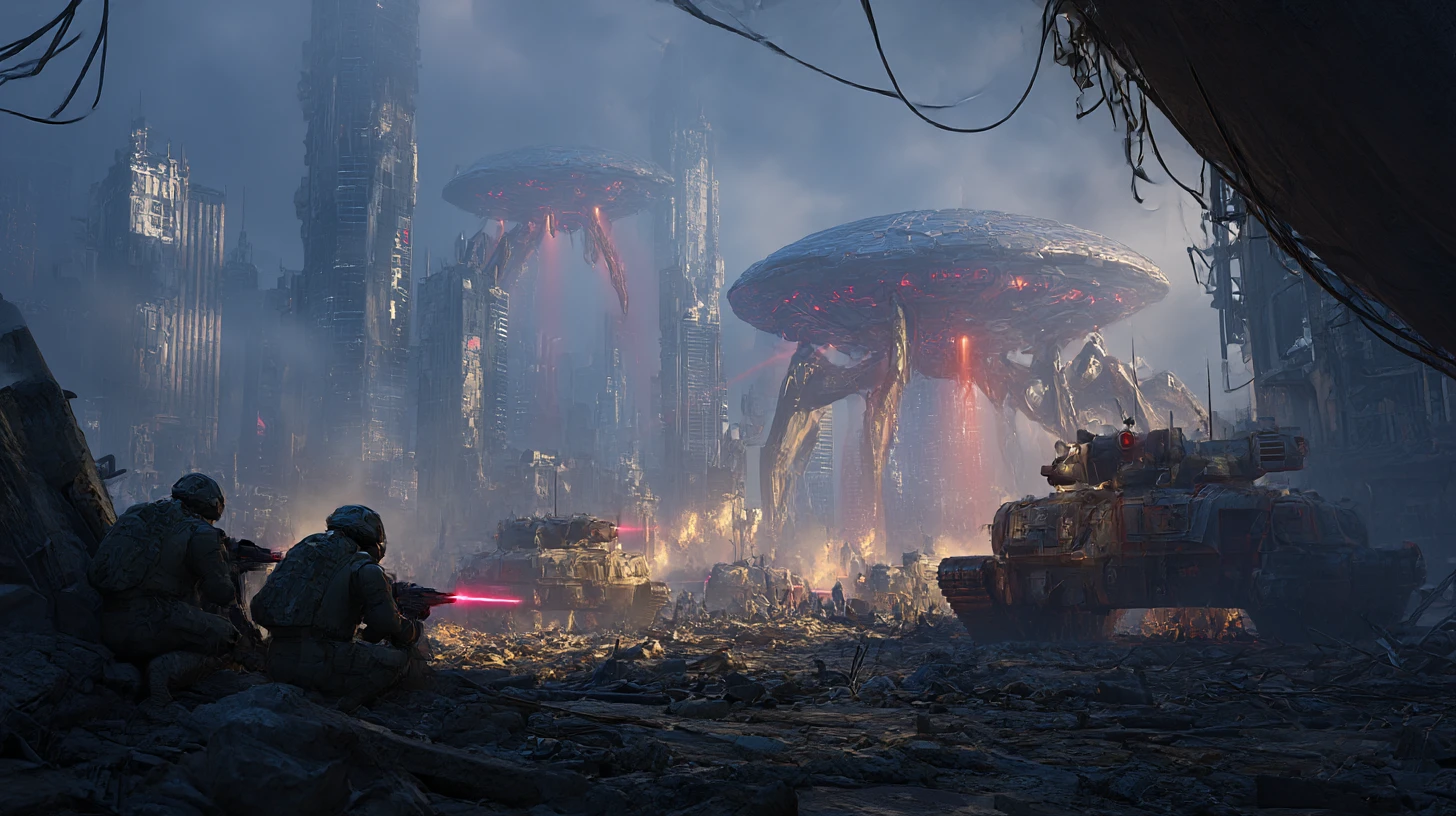 Humanos enfrentam tanques alienígenas em uma cidade futurista em ruínas