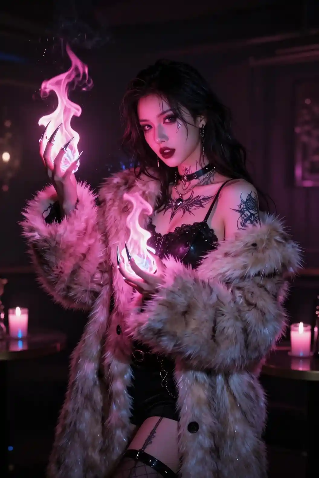 Cyber witch casting pink fire in occult nightclub